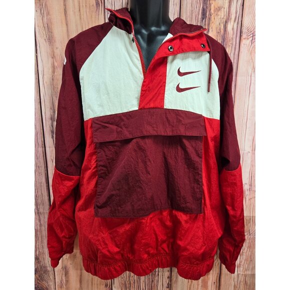 Nike Windbreaker Jacket Large Red White Color Block Mesh Lined Hooded